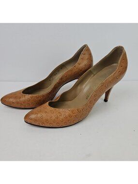 Vintage Amano Made In USA Genuine Leather Closed Toe Heels Size 8 Ostrich Brown